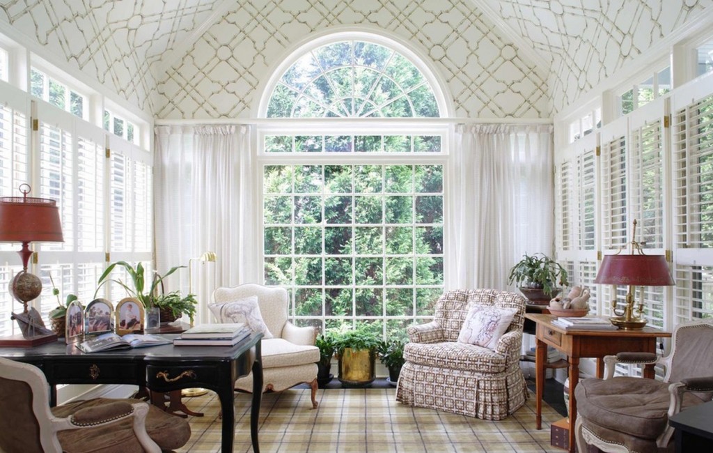 A beautiful combination of shutters and curtains. Via Houzz