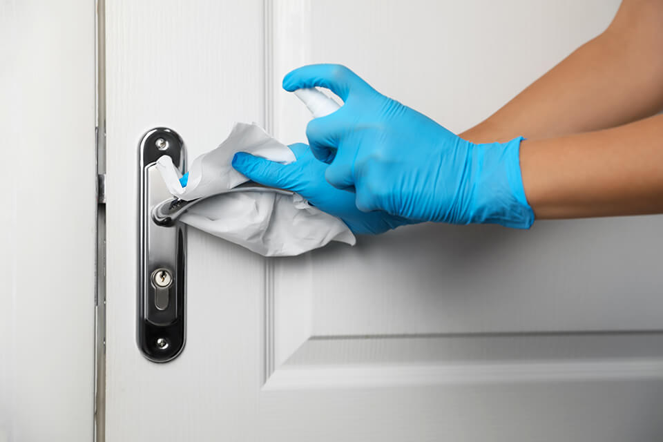 Cleaning a door with spray and a cloth