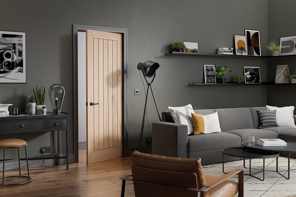 oak doors in grey room with contrasting black door handles