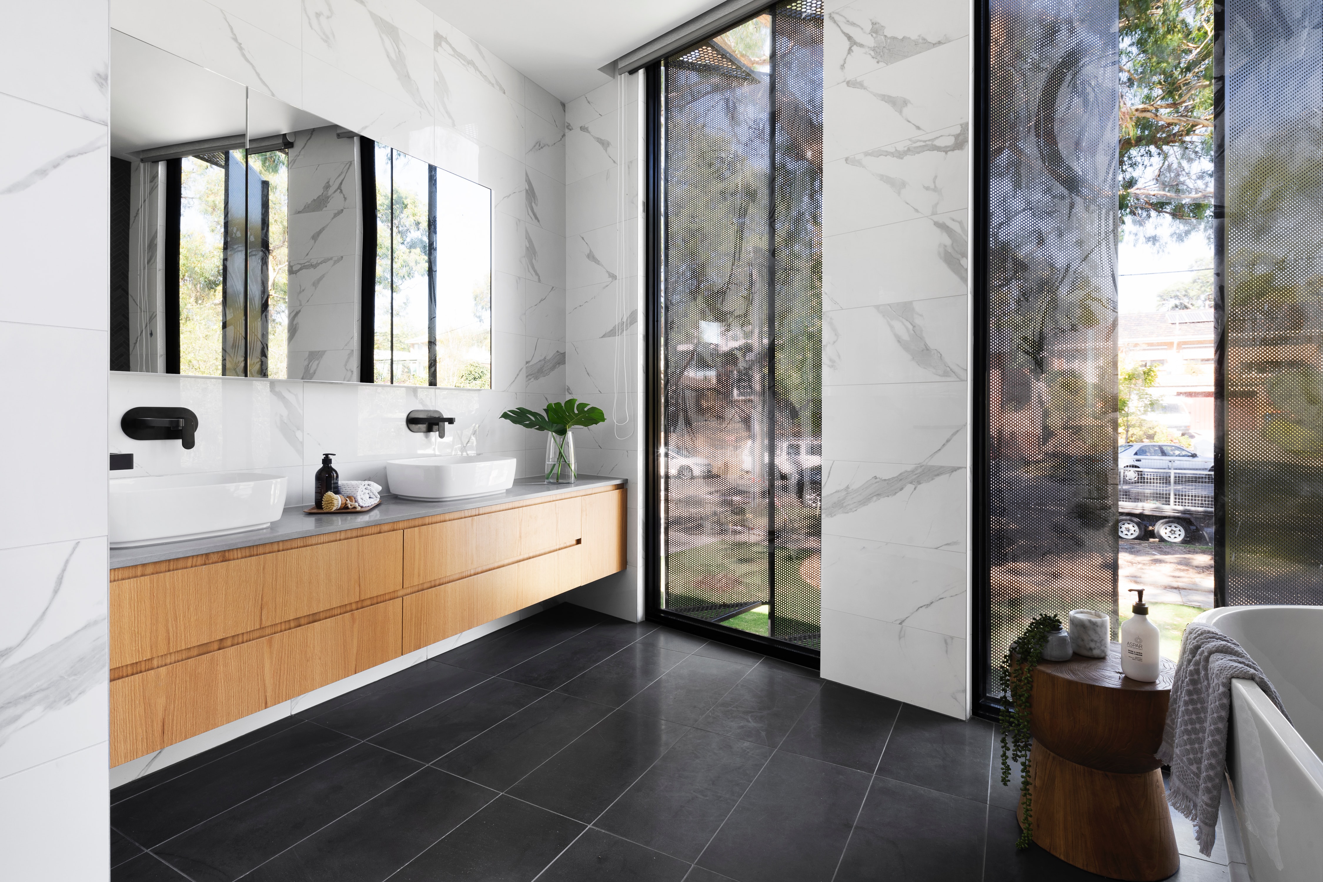 modern bathroom with glass doors