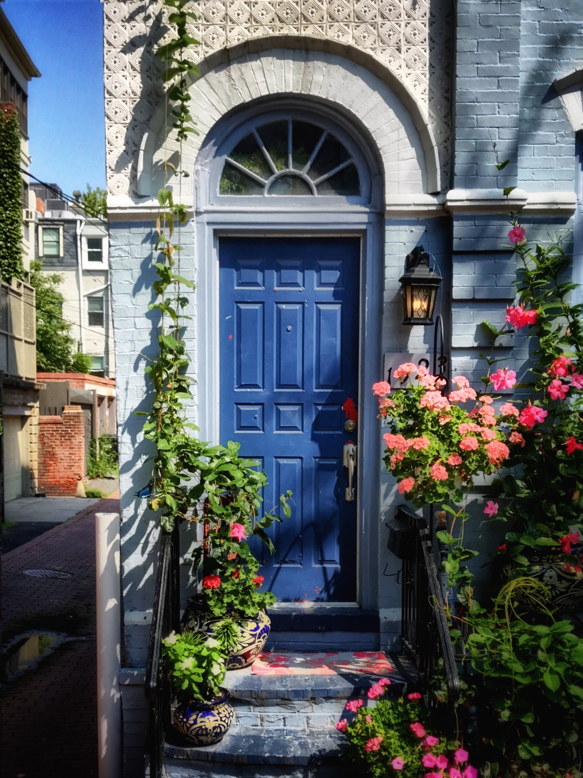 Blue front door surrounded by flowers