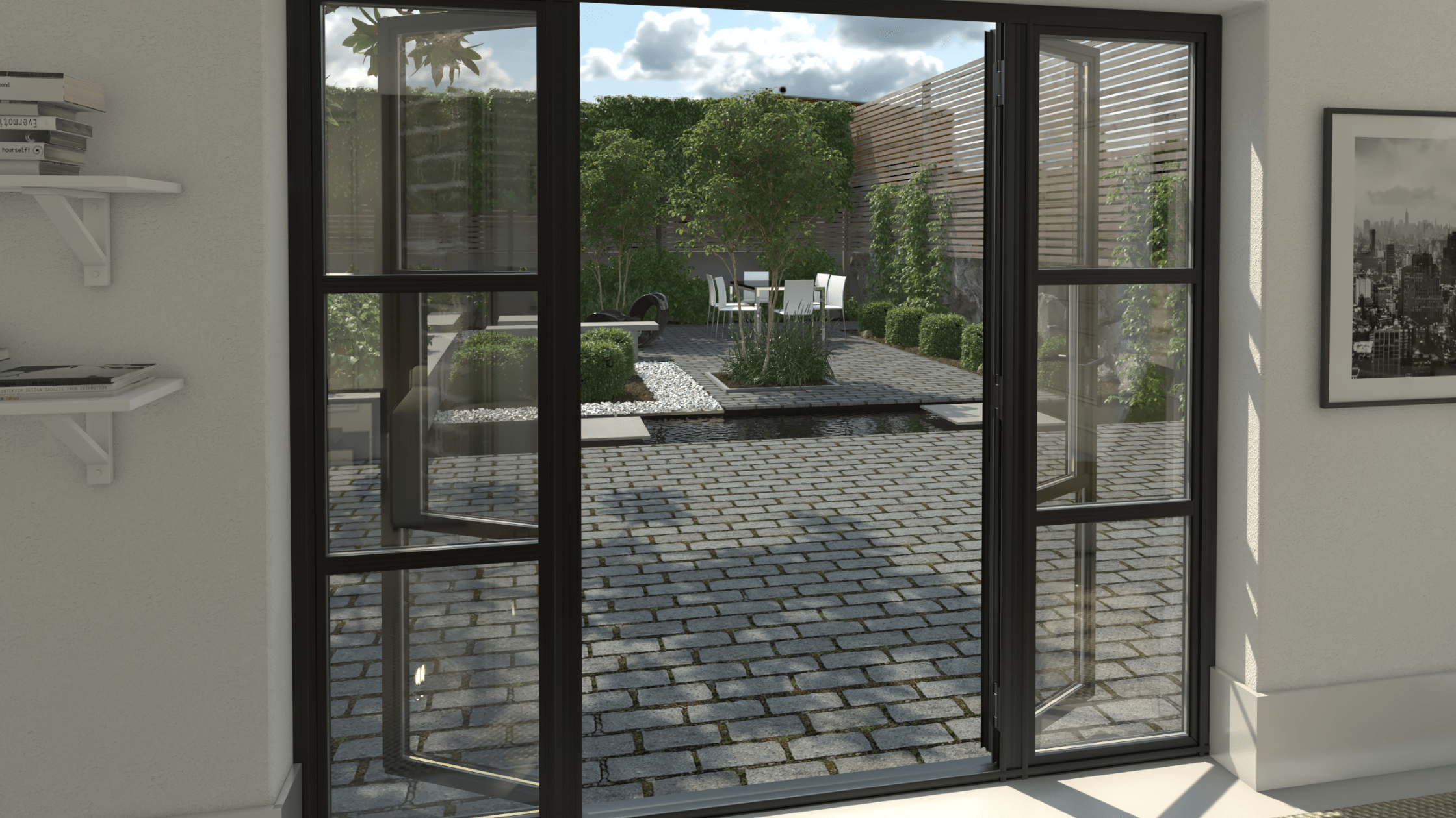 looking out through patio doors with black frames in the summer