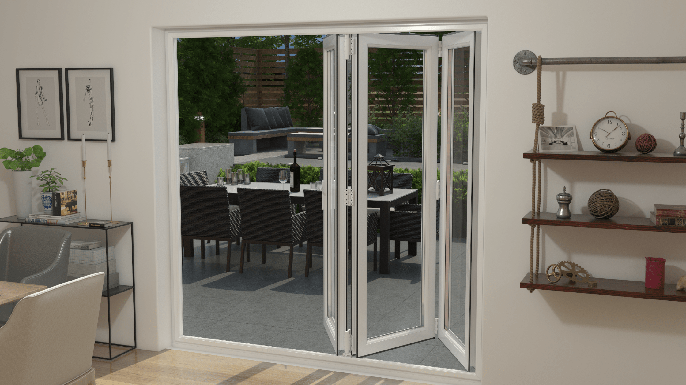 white upvc bifold patio doors in kitchen