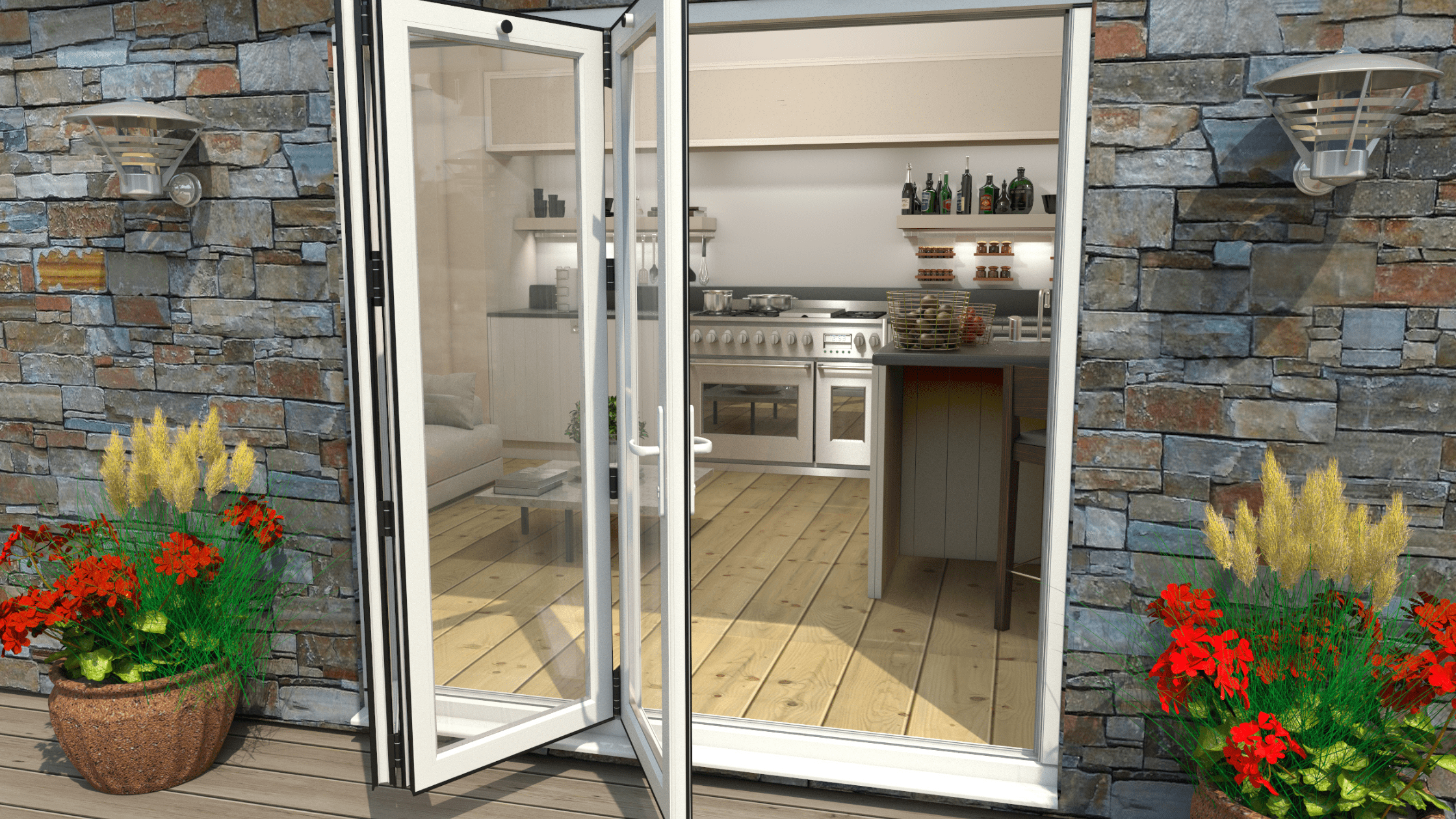 open white bifold doors looking into home