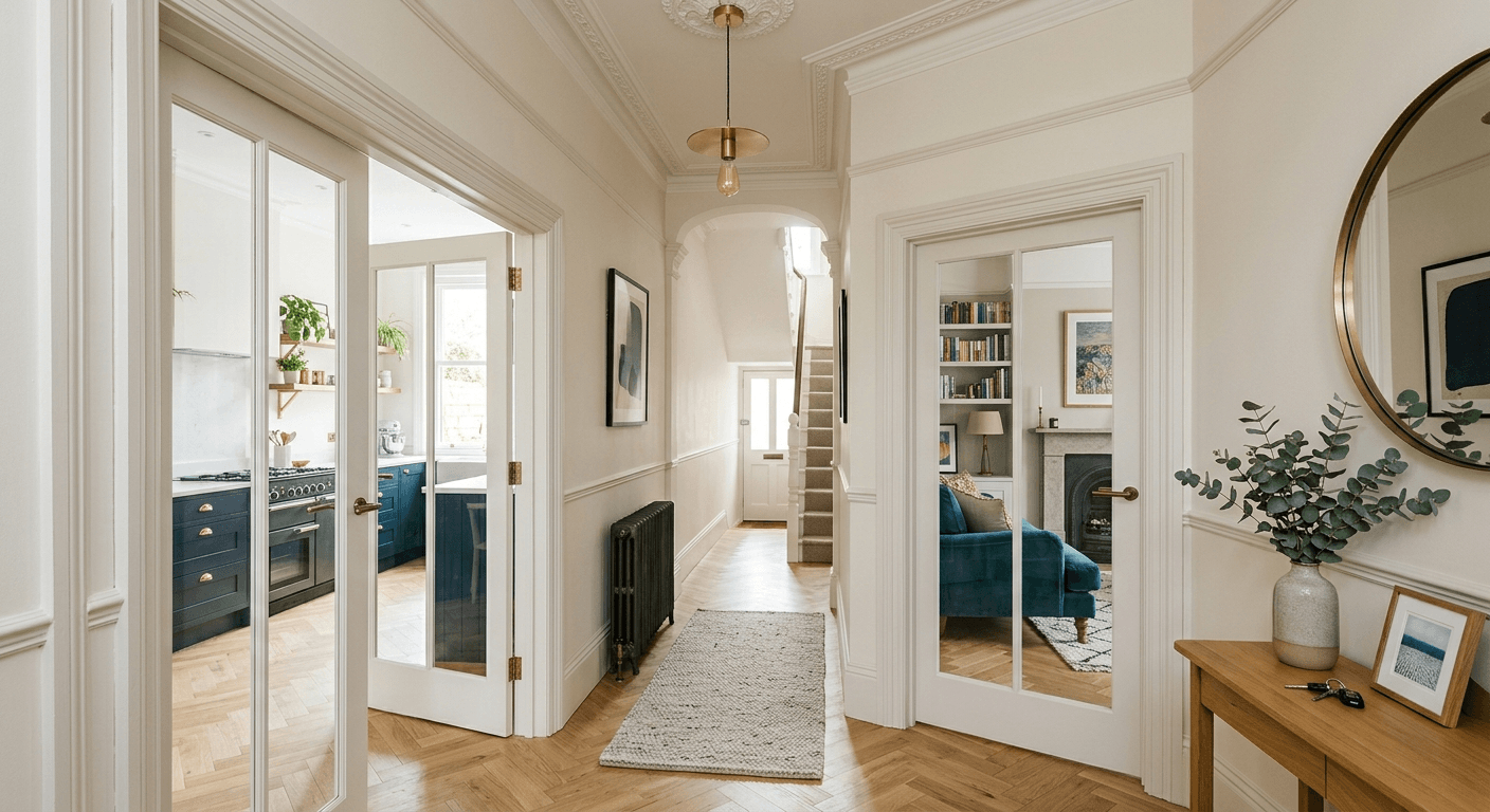 Hallway in a period home with white glazed internal doors