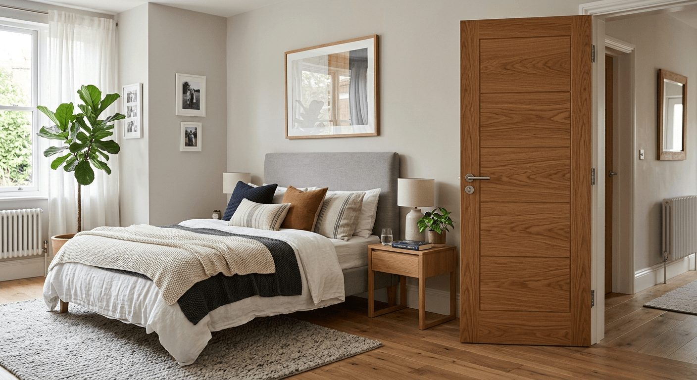 A bedroom with modern oak solid core internal door - Express Doors Direct