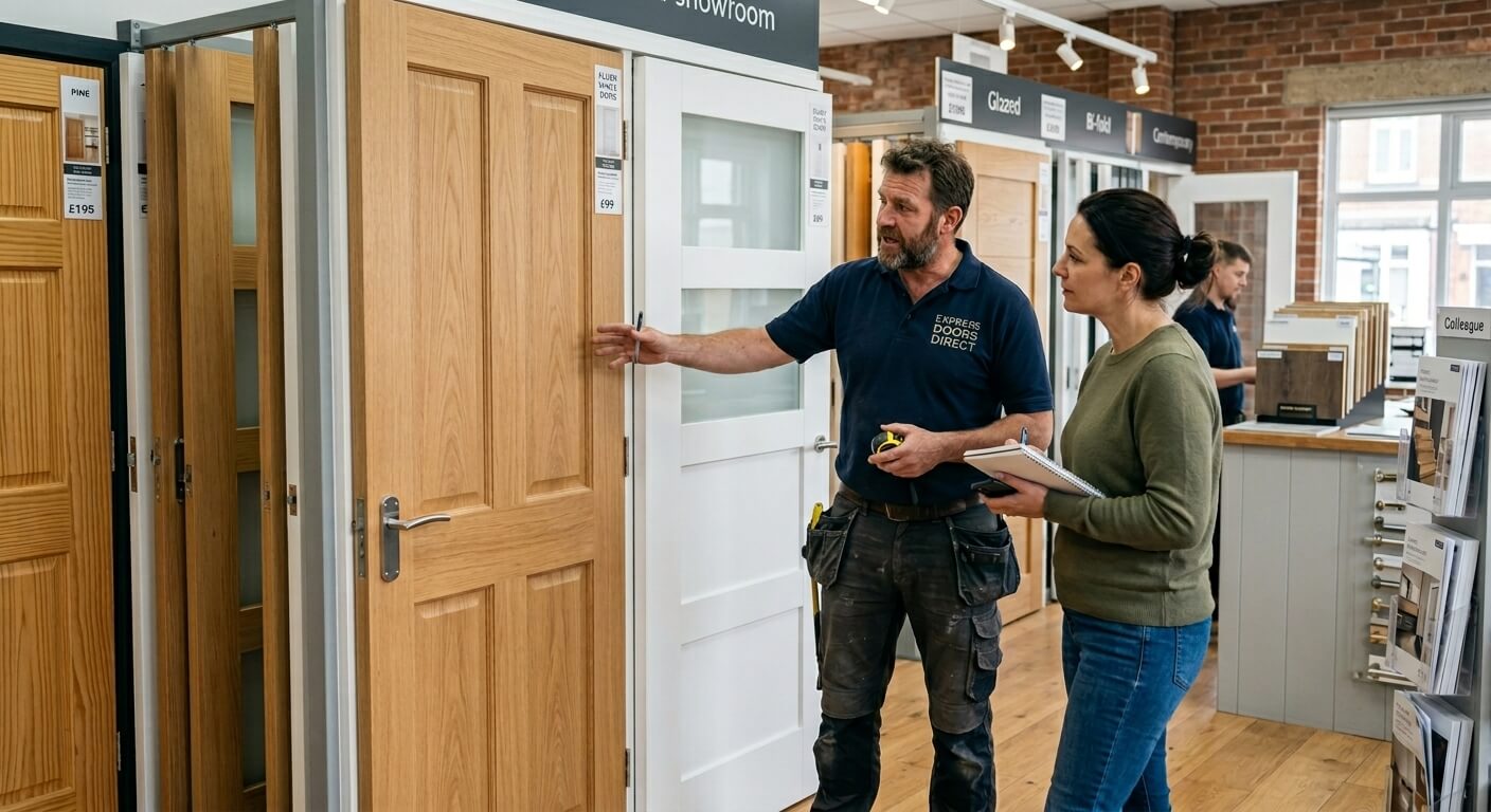 Tradesman discussing the different types of internal door with a client - Express Doors Direct