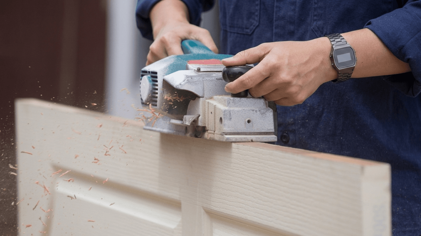 Tradesman trimmnig the edge of a hollow core door - Express Doors Direct